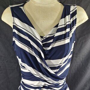 New York & Company Classy Contemporary Blue Striped Ruched Sleeveless Blouse M